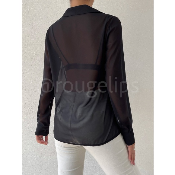 Black Sheer Chiffon Button Down Shirt Long Sleeve - Picture 7 of 8